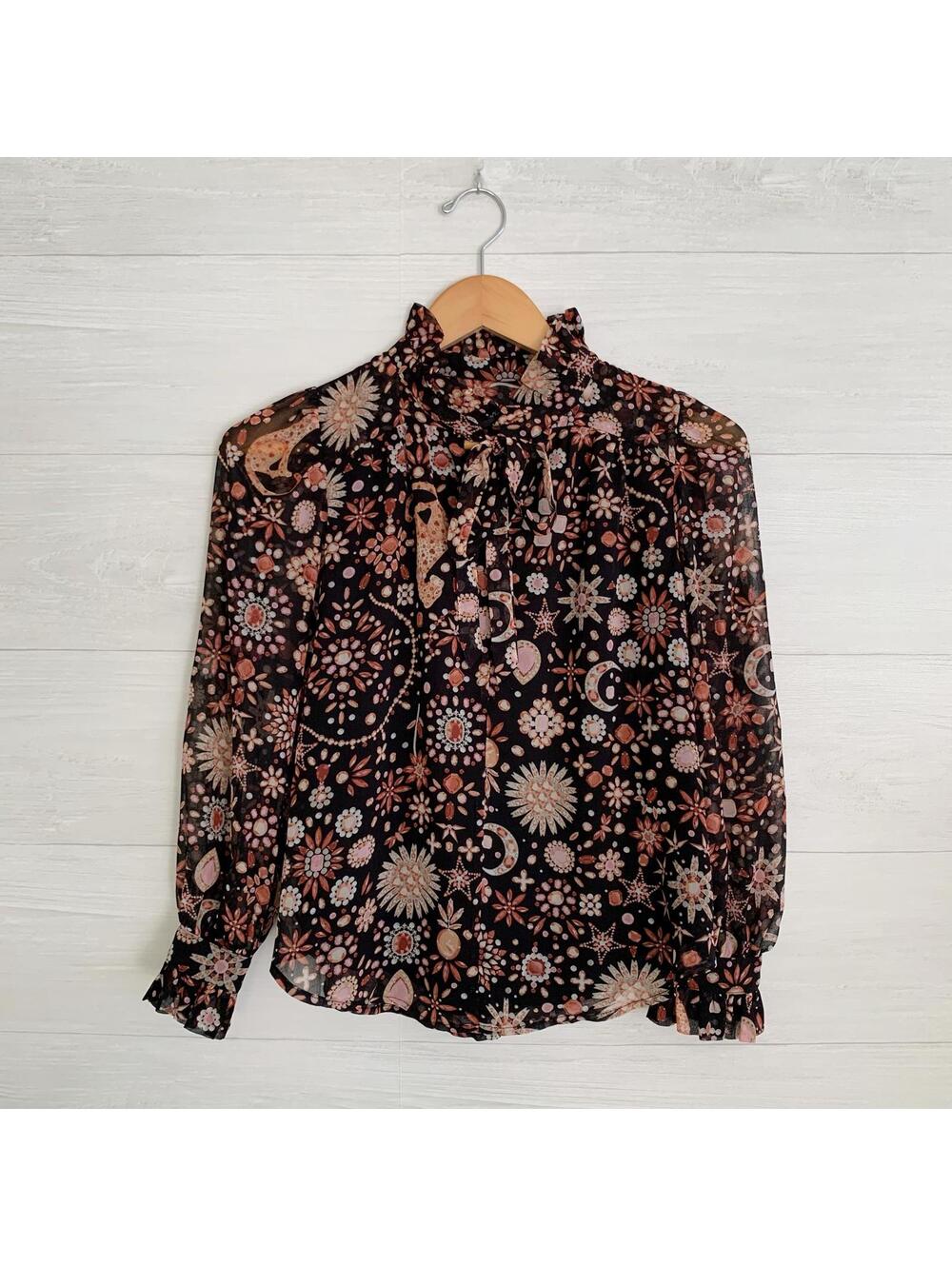 Ann Taylor Petite Black Pink Floral Tie Neck Chiffon Blouse XXSP Piecrust